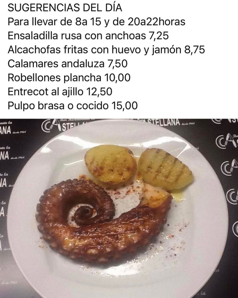 Sugerencias del día Para llevar de 8 a 15 y de 20 a 22