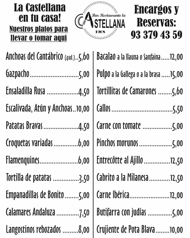 La Castellana en tu casa o en nuestro local. De 8 a 16 y de 19 a 21/30